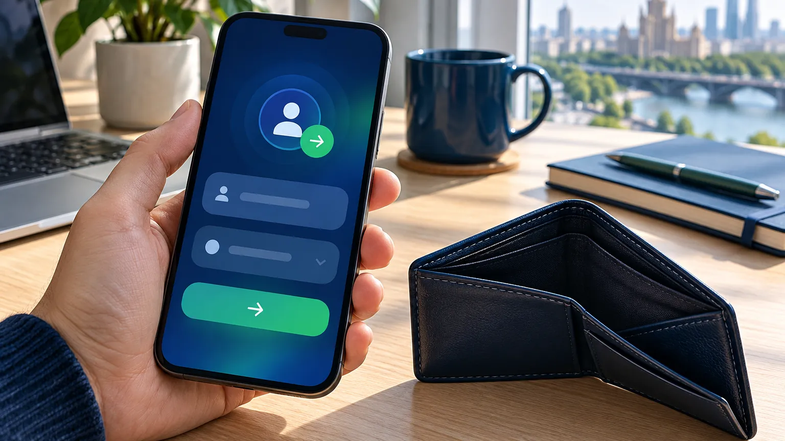 Перевод по номеру телефона на экране смартфона рядом с пустым кошельком