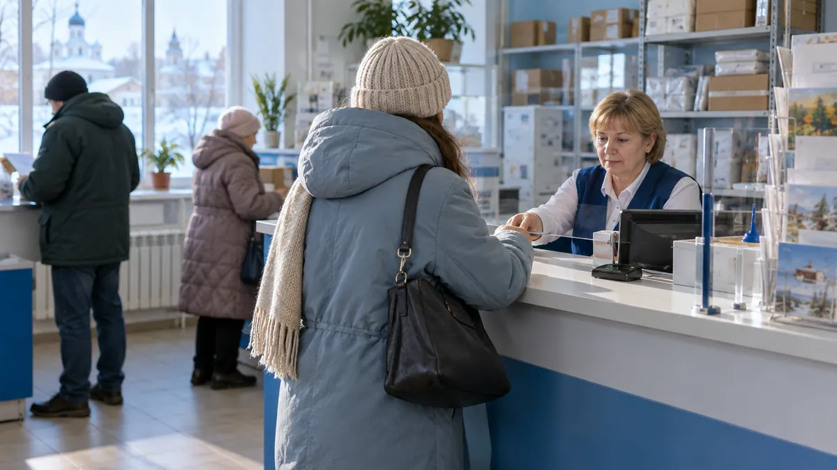 Клиентка в пуховике у стойки офиса, за ней очередь из двух человек